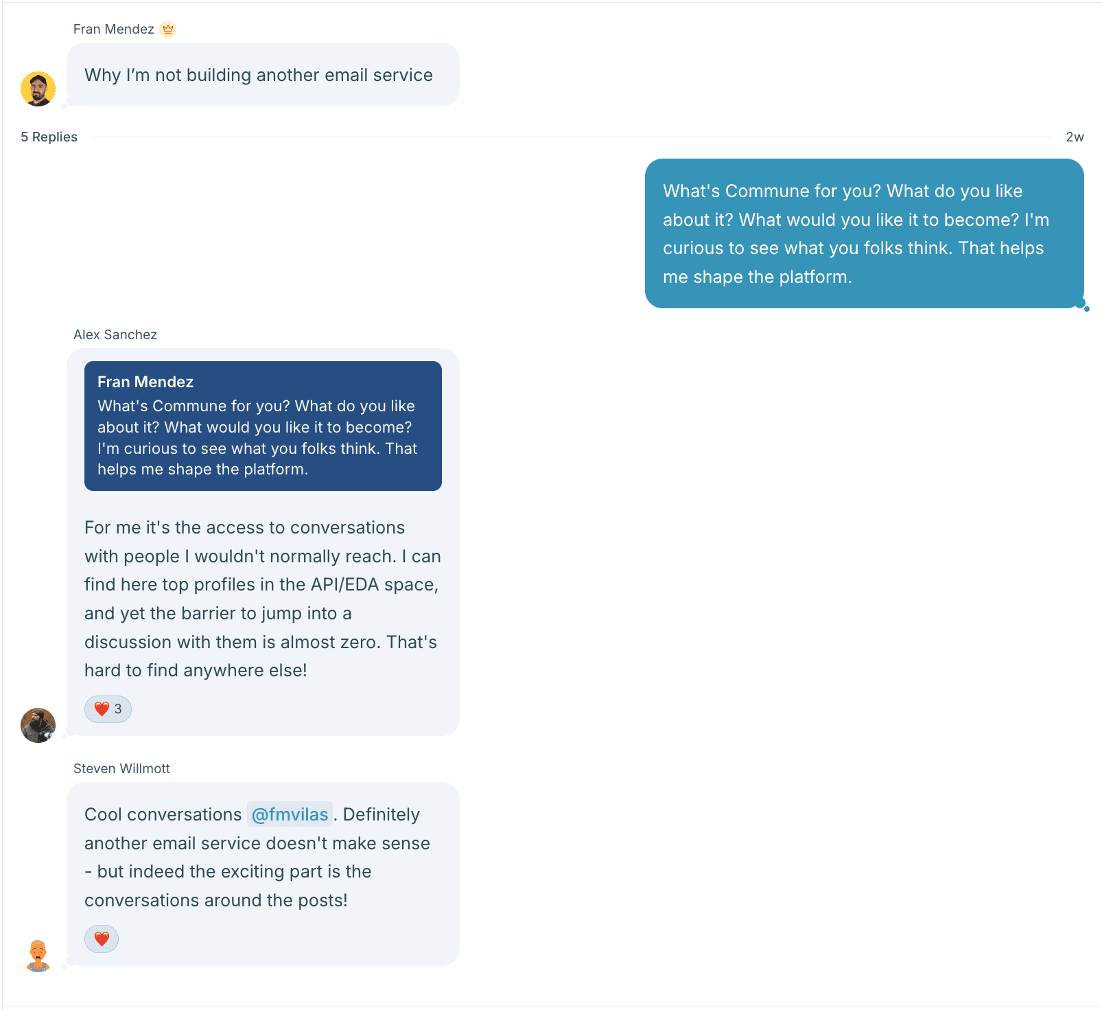 A Commune chat thread where readers discuss a newsletter issue